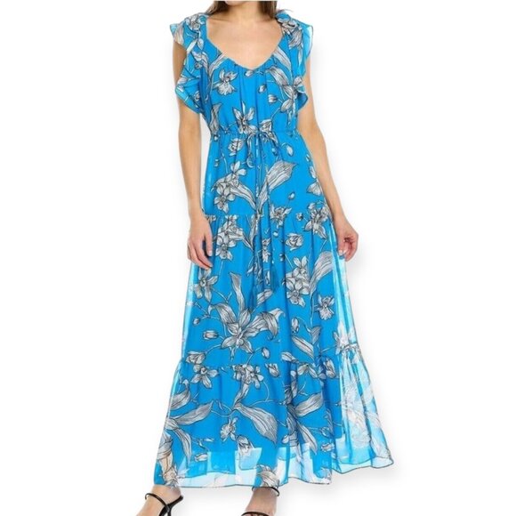 Taylor Small Blue Floral Ruffle Maxi Dress Tiered Boho Spring Summer Lined - Picture 1 of 10